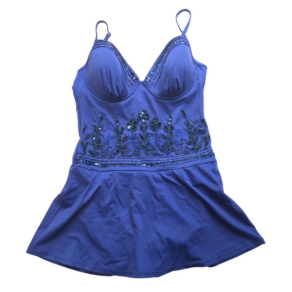 Shape FX Other - NEW - SHAPE FX - Blue Floral Sequence V-Neck One-Piece Skirted Swimsuit -Size 14
